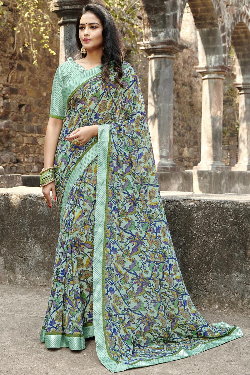 Georgette Fabric Fancy Daily Wear Sea Green Color Printed Saree | Buy Online India