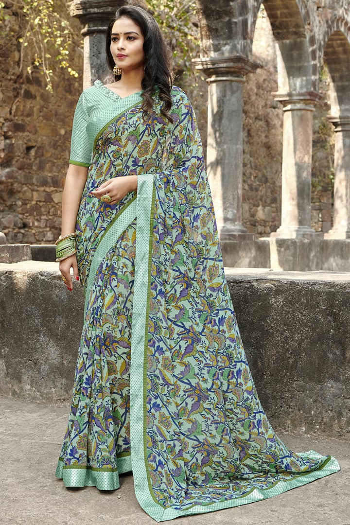 Georgette Fabric Fancy Daily Wear Sea Green Color Printed Saree