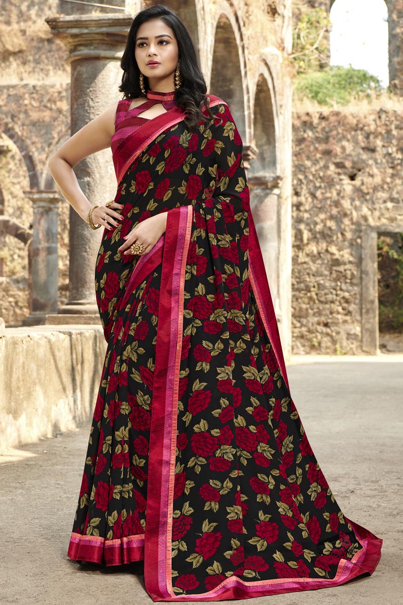 Georgette Fabric Casual Wear Fancy Black Color Printed Saree