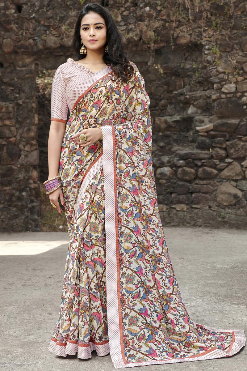 Casual Wear Georgette Fabric Simple Printed Saree In Beige Color