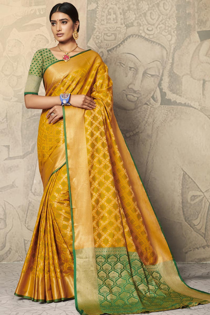 Mustard Color Festive Wear Art Silk Fabric Weaving Work Saree
