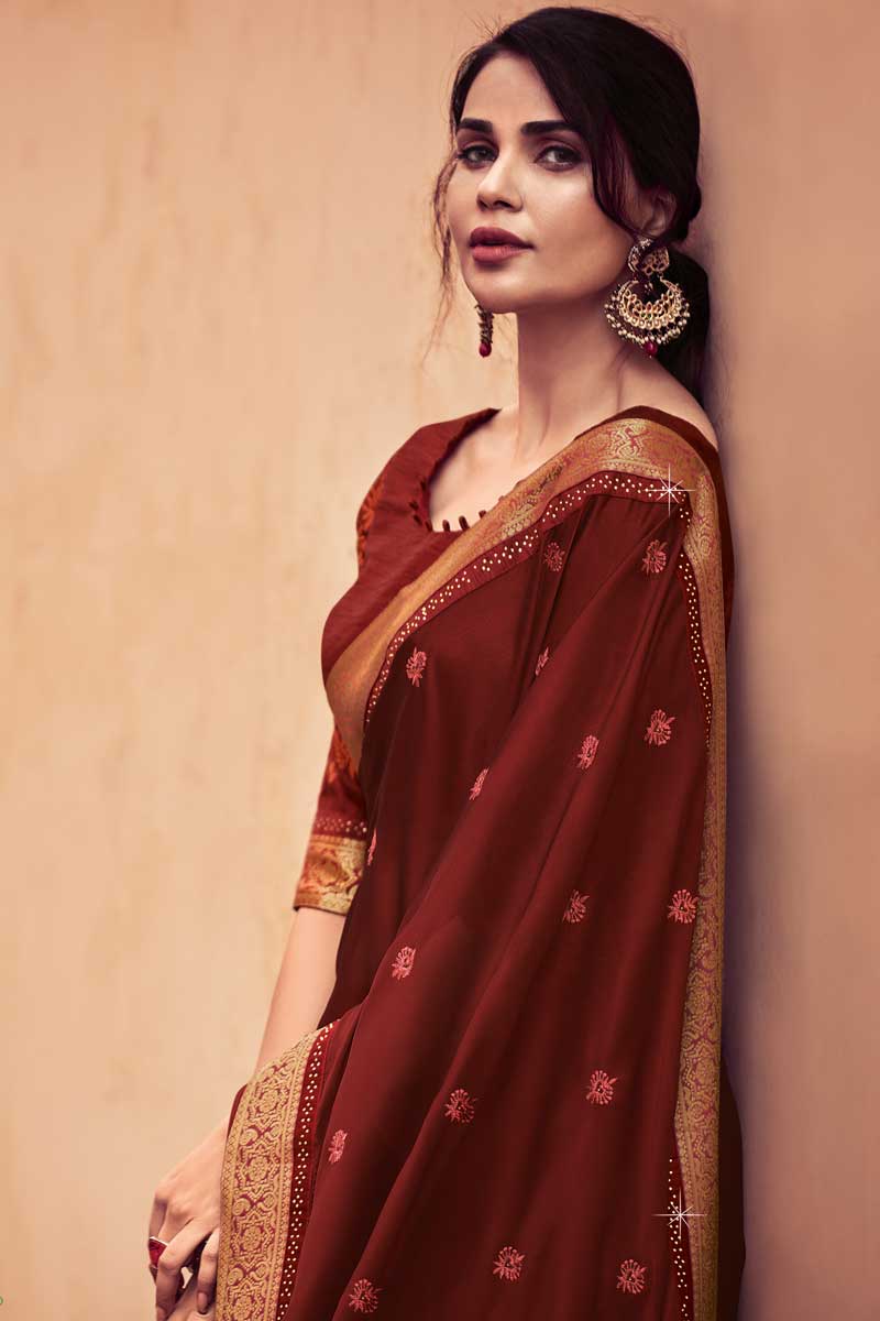 Chiffon Fabric Brown Color Sangeet Wear Saree With Bright Embroidered Work