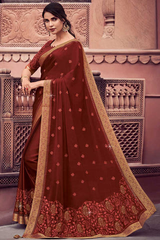 Chiffon Fabric Brown Color Sangeet Wear Saree With Bright Embroidered Work