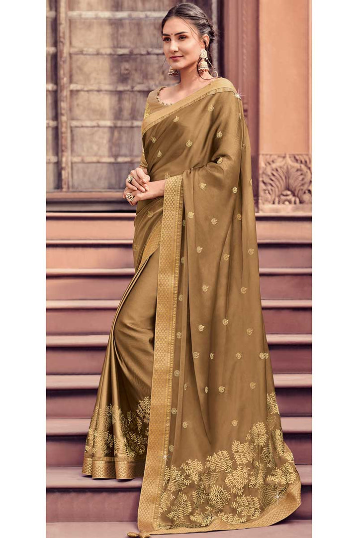 Marvelous Embroidered Work On Chiffon Fabric Sangeet Wear Saree In Khaki Color