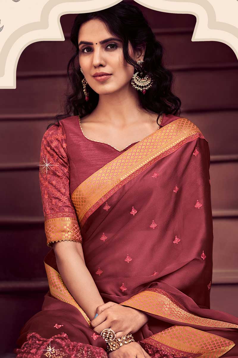 Peach Color Chiffon Fabric Ravishing Sangeet Wear Saree With Embroidered Work