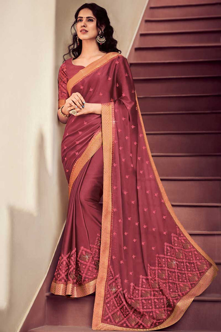 Peach Color Chiffon Fabric Ravishing Sangeet Wear Saree With Embroidered Work