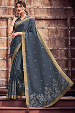 Load image into Gallery viewer, Chiffon Fabric Grey Color Sangeet Wear Saree With Bewitching Embroidered Work
