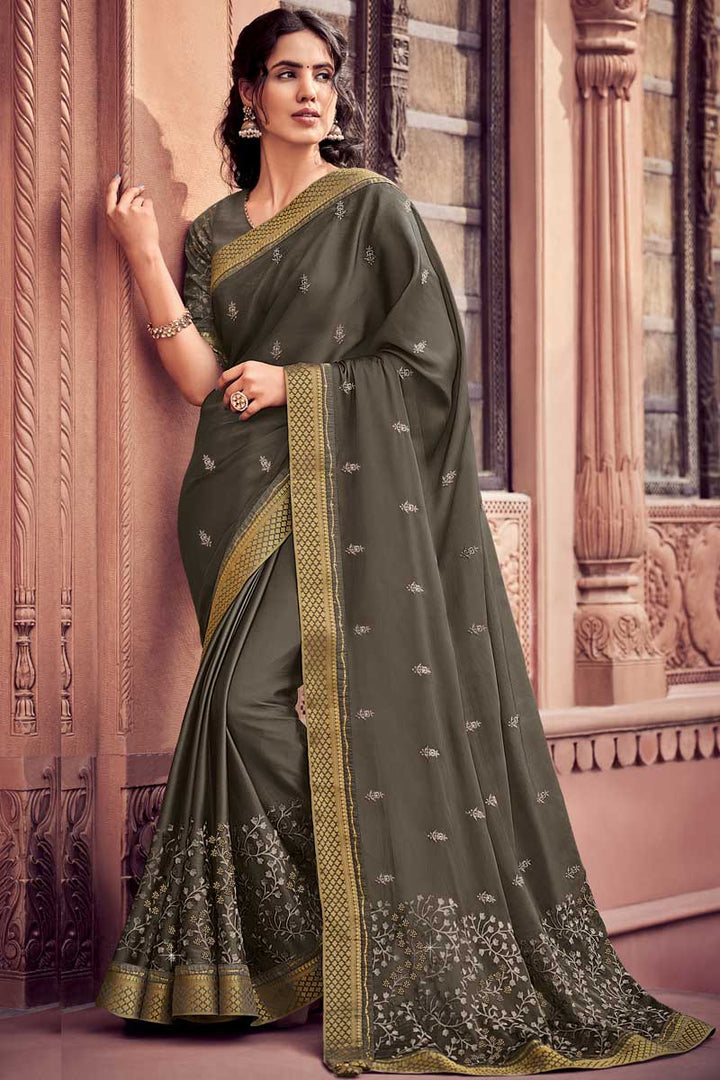 Excellent Chiffon Fabric Grey Color Sangeet Wear Saree With Embroidered Work