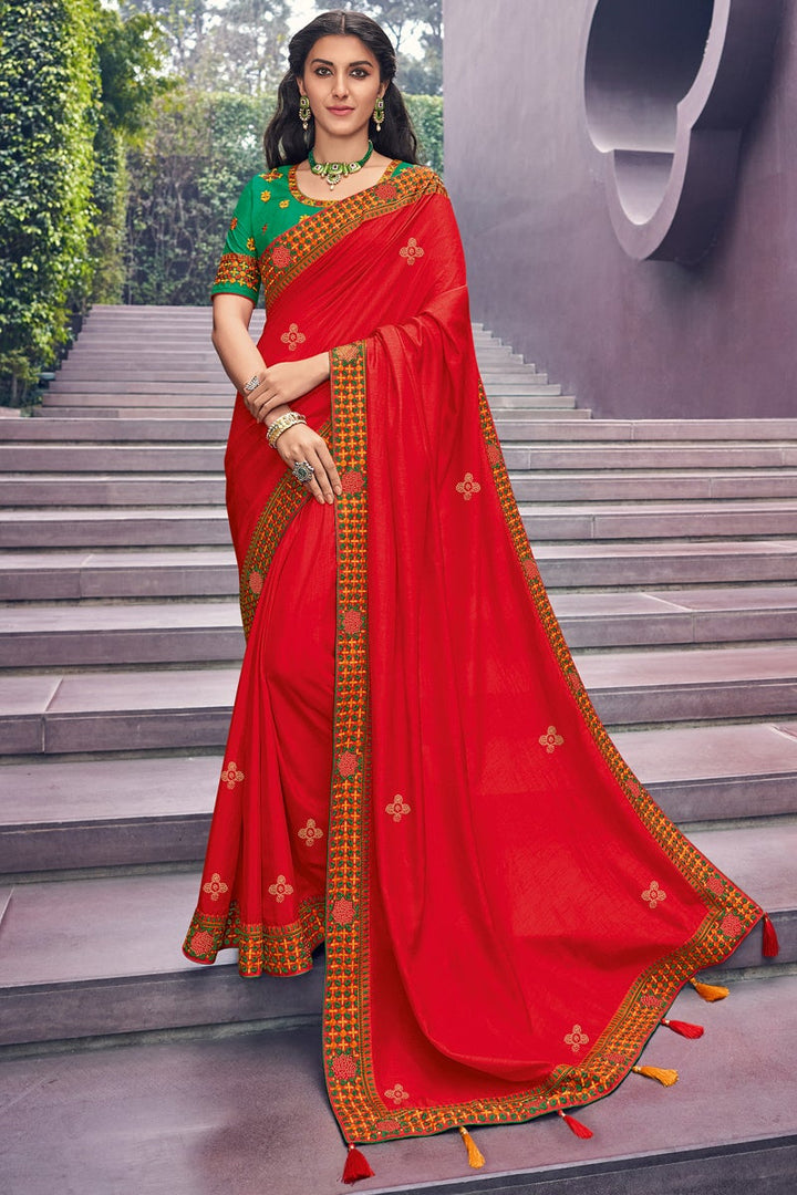 Red Color Art Silk Fabric Function Wear Embroidered Fancy Saree
