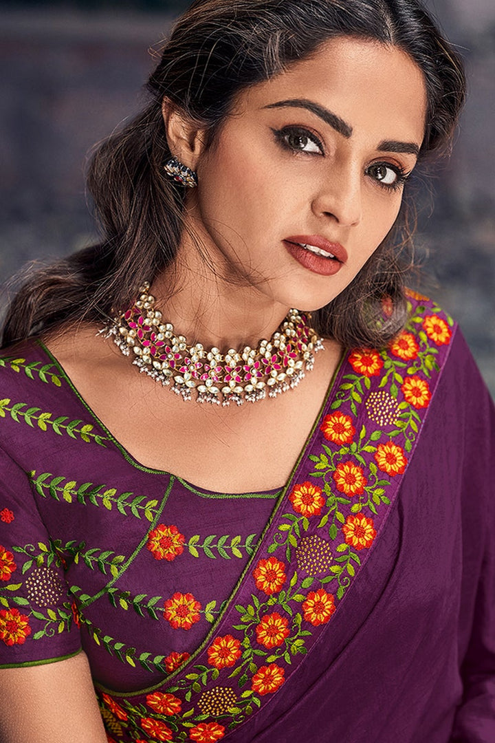 Party Wear Purple Color Art Silk Fabric Embroidered Designer Saree