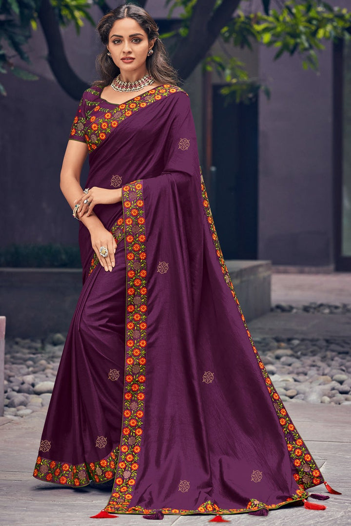 Party Wear Purple Color Art Silk Fabric Embroidered Designer Saree