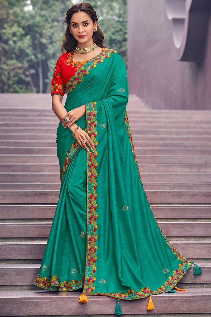 Embroidered Art Silk Fabric Sangeet Wear Cyan Color Designer Saree