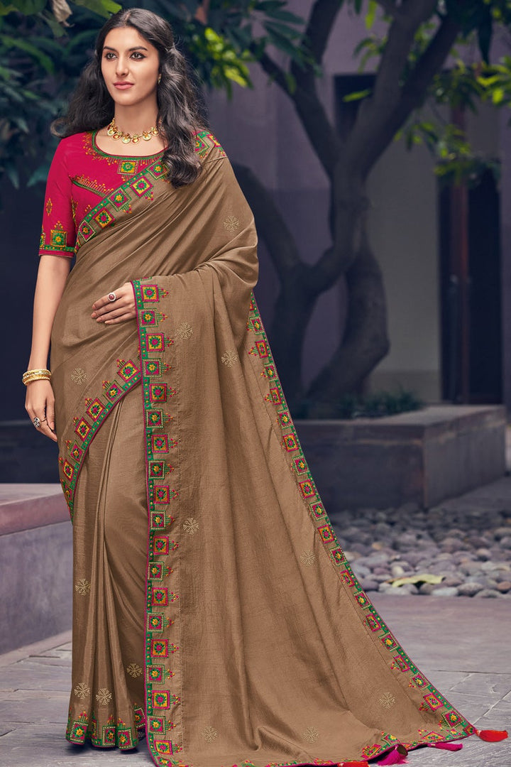 Brown Color Art Silk Fabric Embroidered Festive Wear Fancy Saree