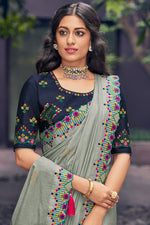 Load image into Gallery viewer, Art Silk Fabric Embroidered Grey Color Sangeet Wear Trendy Saree
