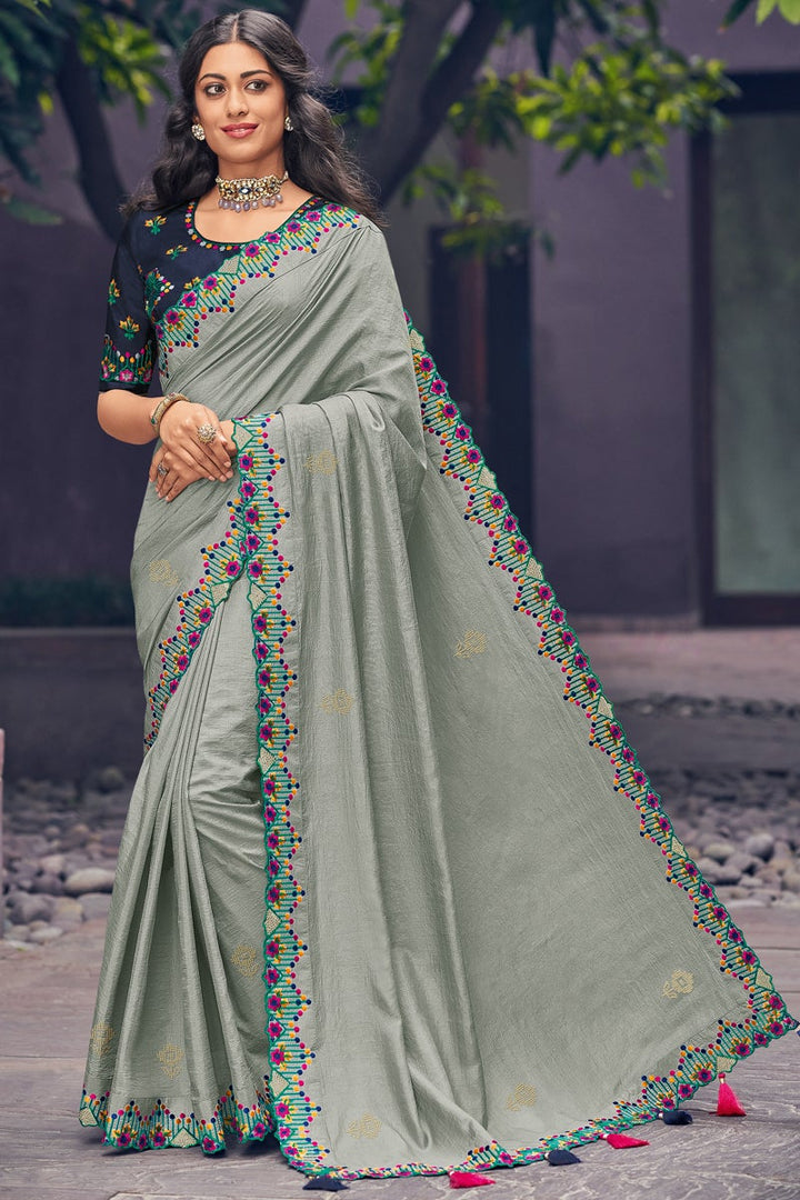 Art Silk Fabric Embroidered Grey Color Sangeet Wear Trendy Saree