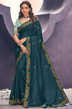 Load image into Gallery viewer, Art Silk Fabric Embroidered Teal Color Wedding Wear Designer Saree
