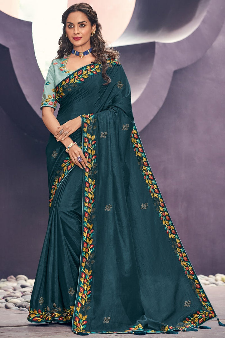 Art Silk Fabric Embroidered Teal Color Wedding Wear Designer Saree