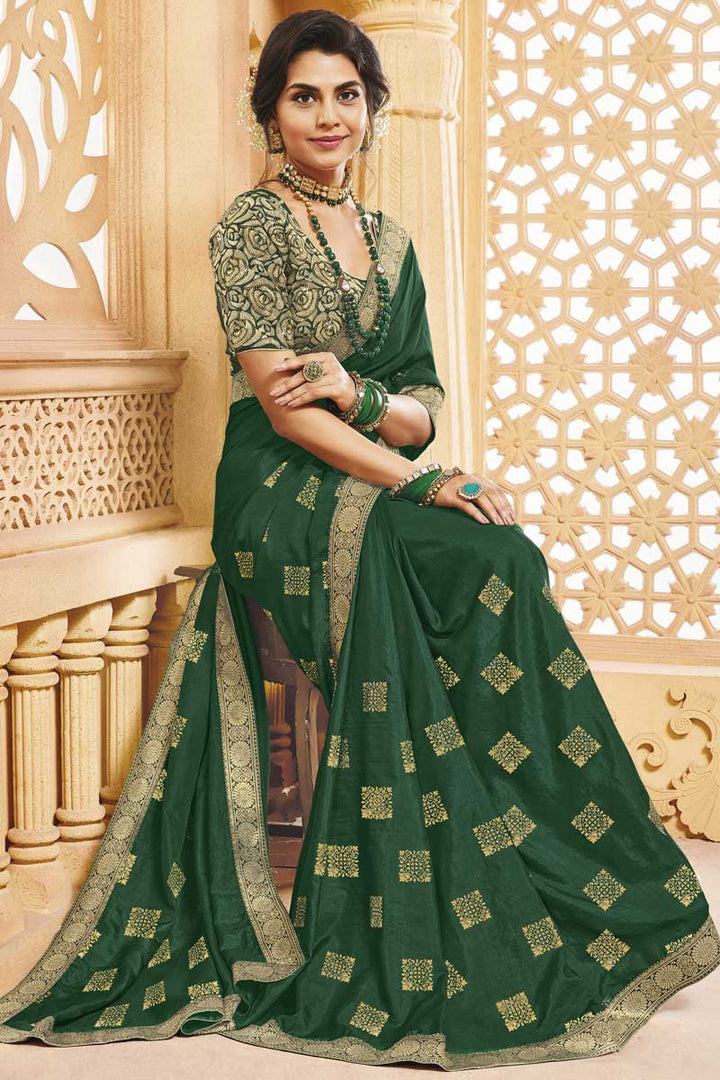 Classic Border Work On Green Color Party Wear Saree In Art Silk Fabric