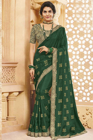 Classic Border Work On Green Color Party Wear Saree In Art Silk Fabric