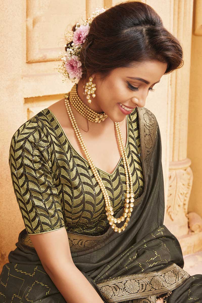 Bewitching Border Work On Dark Beige Color Party Wear Saree In Art Silk Fabric