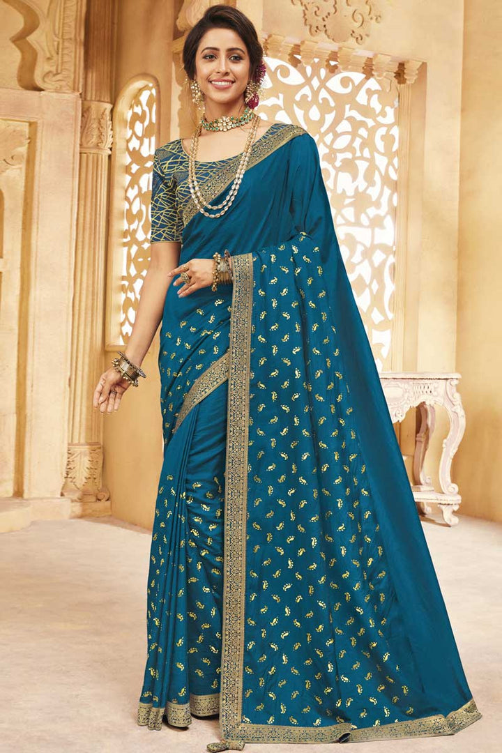 Radiant Border Work On Teal Color Art Silk Fabric Party Wear Saree