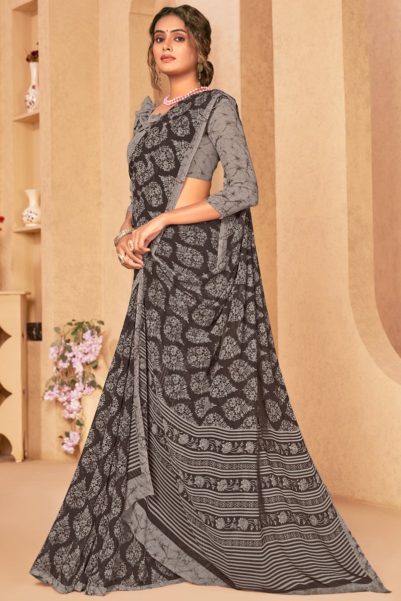 Brown Regular Wear Georgette Printed Saree