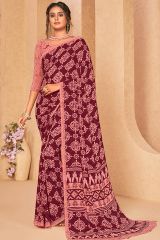 Casual Wear Maroon Color Georgette Fabric Printed Saree