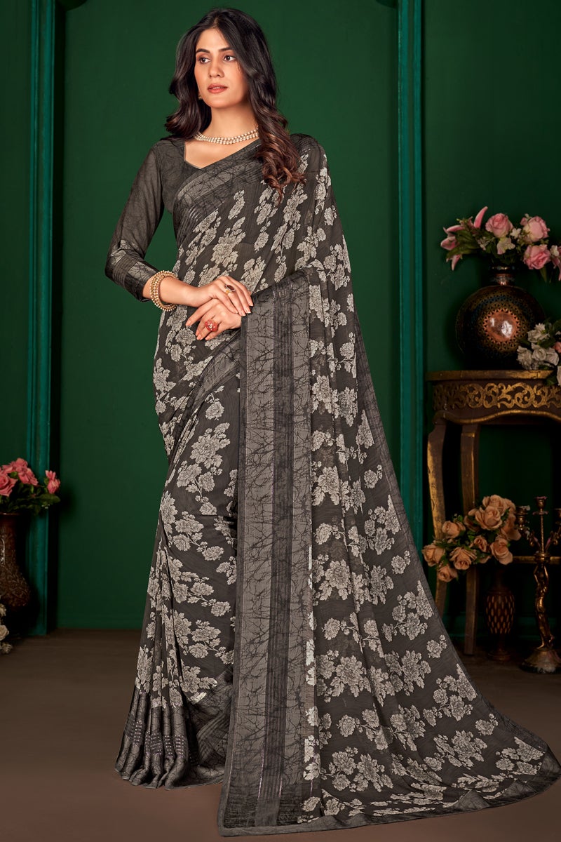 Dark Beige Regular Wear Georgette Printed Saree