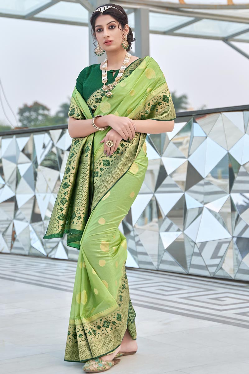 Sangeet Wear Art Silk Fabric Weaving Work Designer Sea Green Color Saree