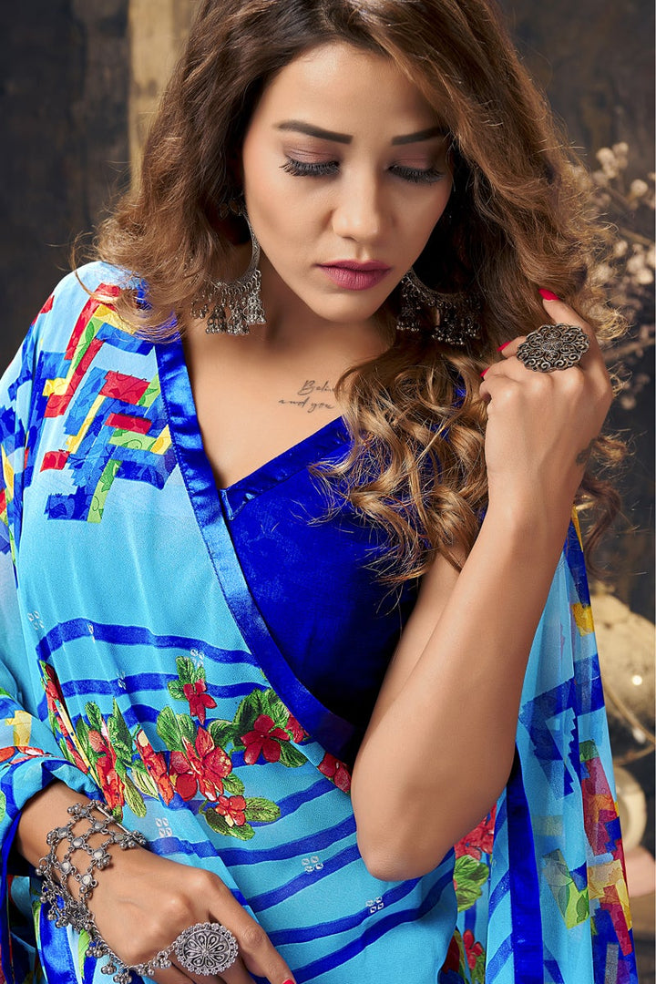Georgette Fabric Casual Sky Blue Color Printed Saree