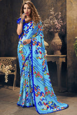 Load image into Gallery viewer, Georgette Fabric Casual Sky Blue Color Printed Saree
