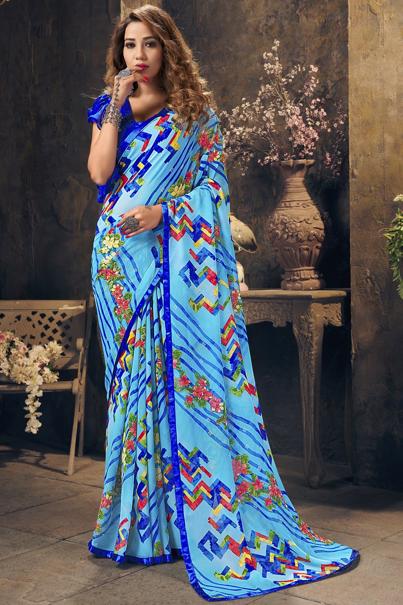 Georgette Fabric Casual Sky Blue Color Printed Saree