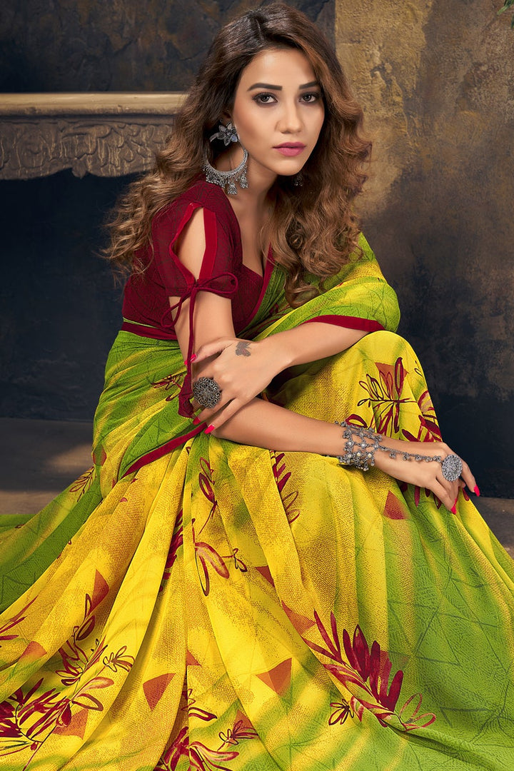 Daily Wear Georgette Fabric Printed Saree In Green Color