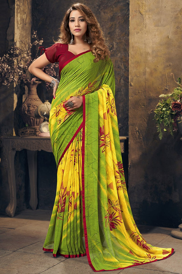 Daily Wear Georgette Fabric Printed Saree In Green Color