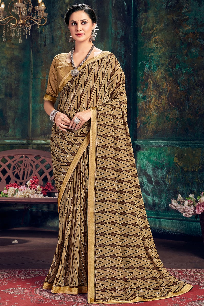 Georgette Fabric Regular Wear Brown Printed Saree