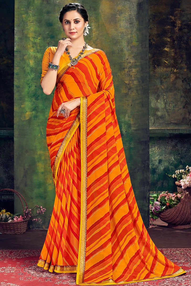 Daily Wear Georgette Fabric Printed Saree In Orange Color