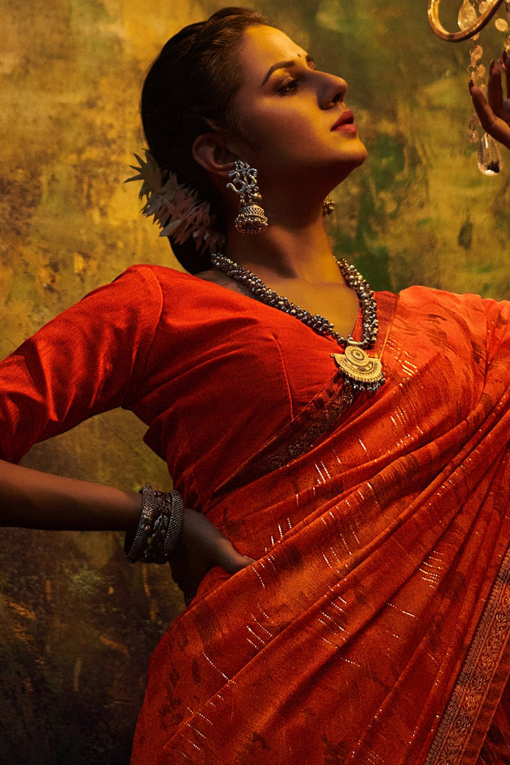 Georgette Fabric Regular Wear Orange Color Printed Saree