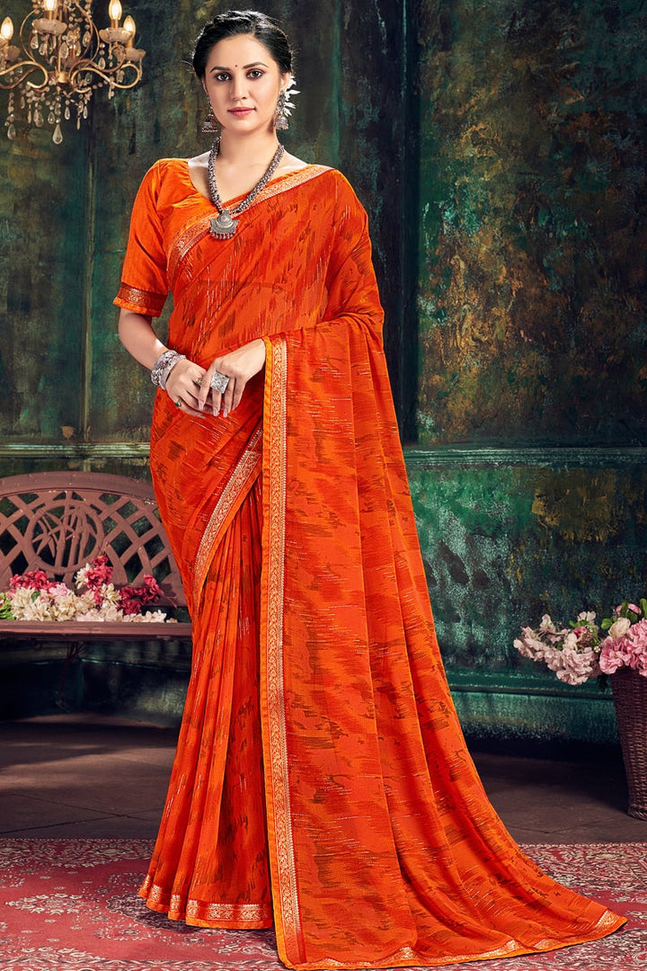 Georgette Fabric Regular Wear Orange Color Printed Saree