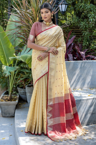 Casual Look Art Silk Fabric Zari Weaving Saree In Cream Color