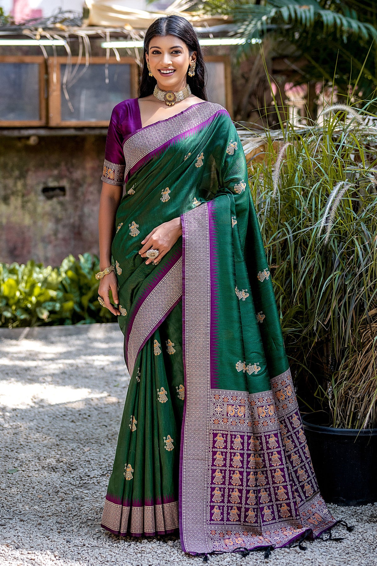 Dark Green Color Zari Weaving Border Work Art Silk Fabric Function Look Saree