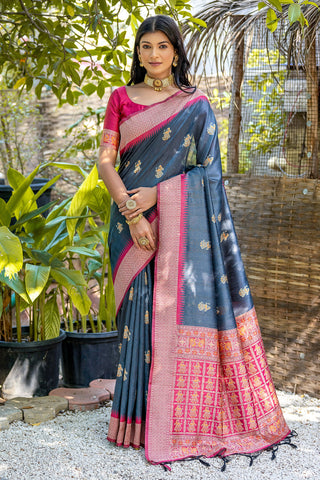 Zari Weaving Border Work Art Silk Saree In Grey Color