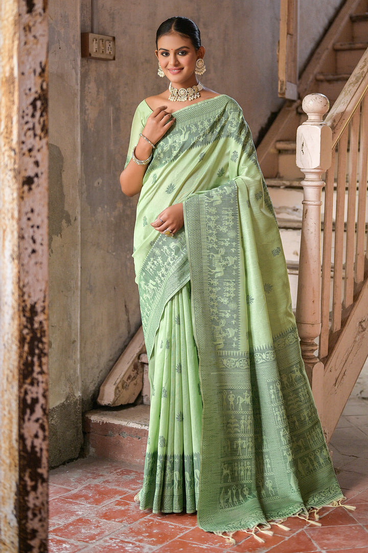 Adorable Sea Green Color Casual Handloom Art Silk Woven Border Saree