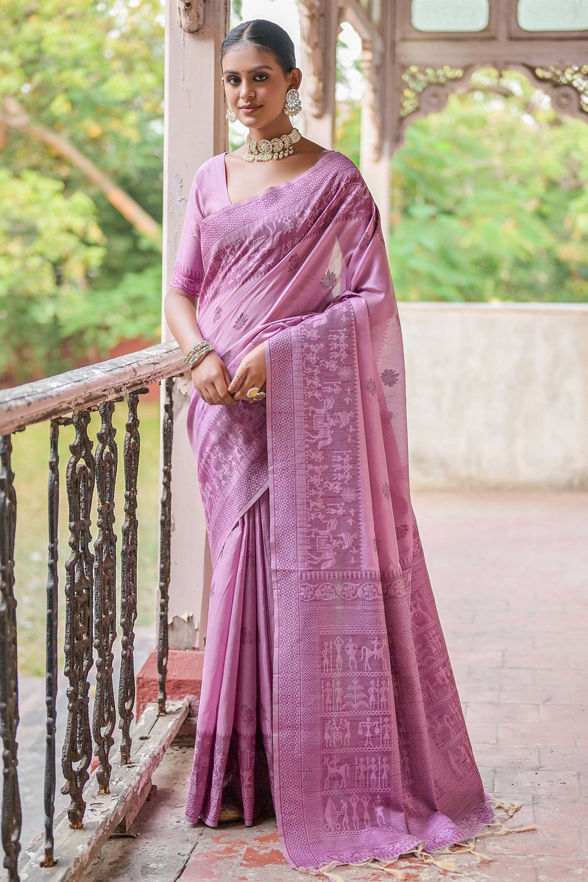 Handloom Art Silk Fabric Woven Border Saree In Lavender Color