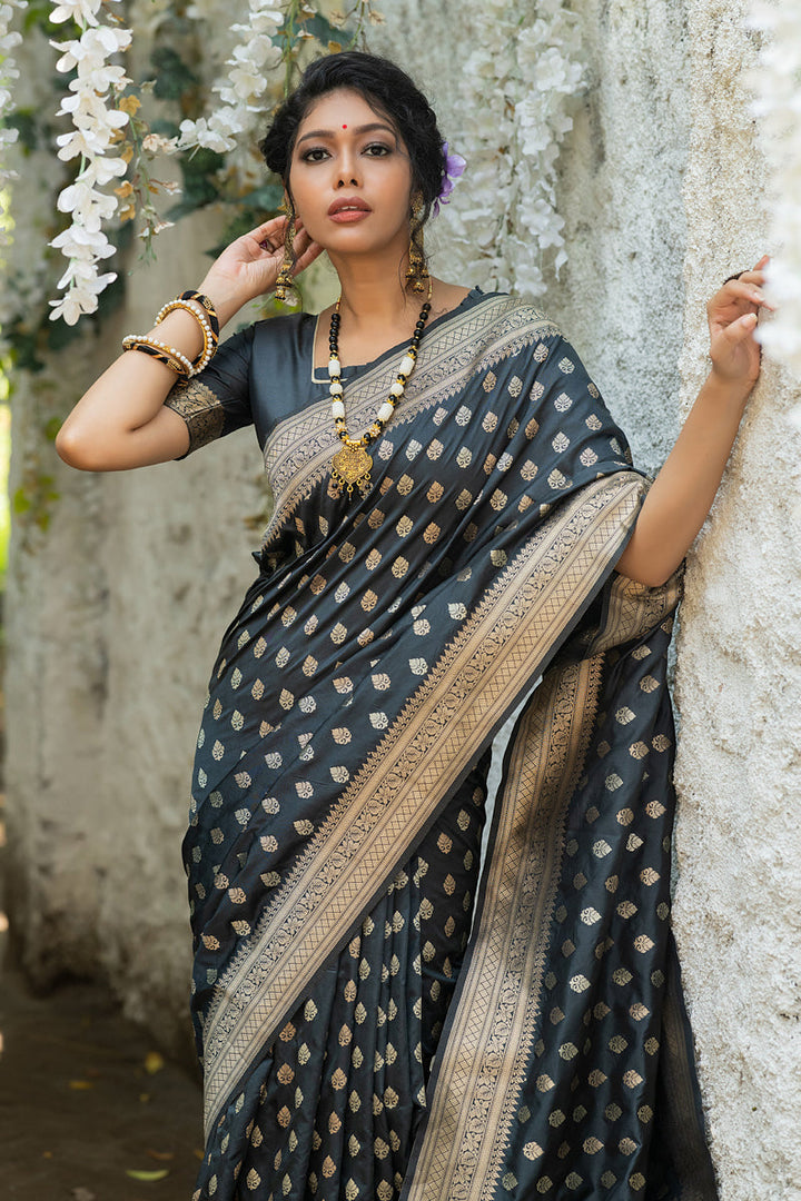 Stunning Grey Color Weaving Work Banarasi Silk Saree
