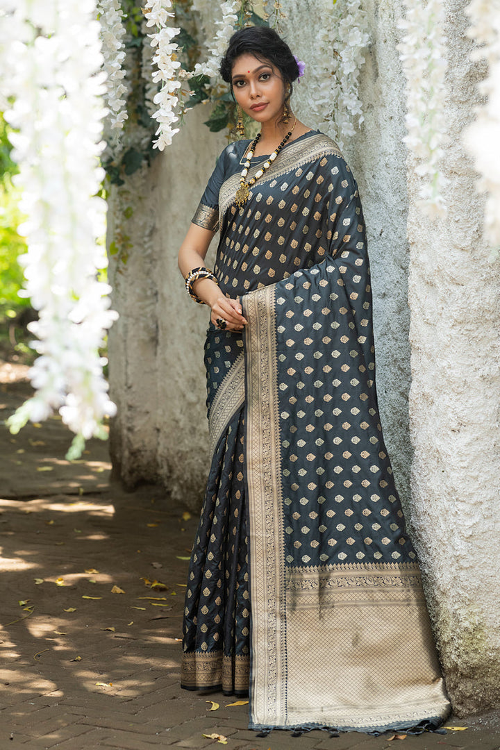 Stunning Grey Color Weaving Work Banarasi Silk Saree