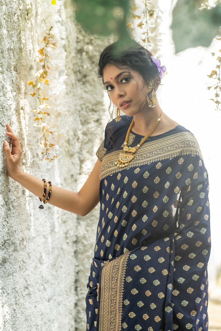 Radiant Navy Blue Color Weaving Work Banarasi Silk Saree