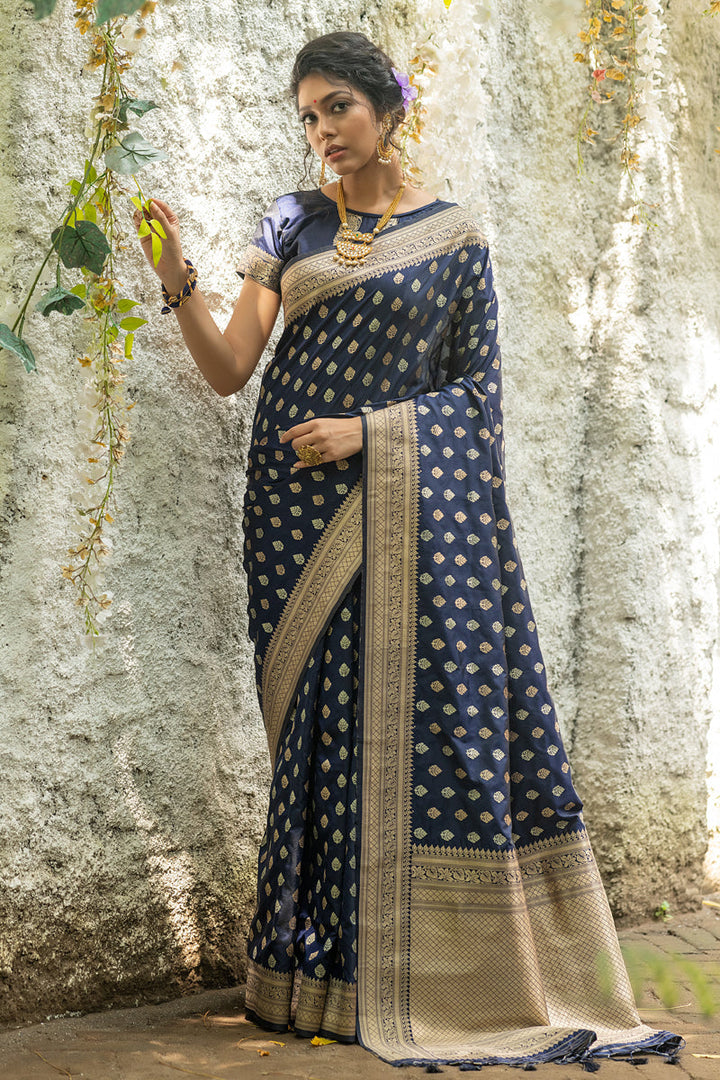 Radiant Navy Blue Color Weaving Work Banarasi Silk Saree