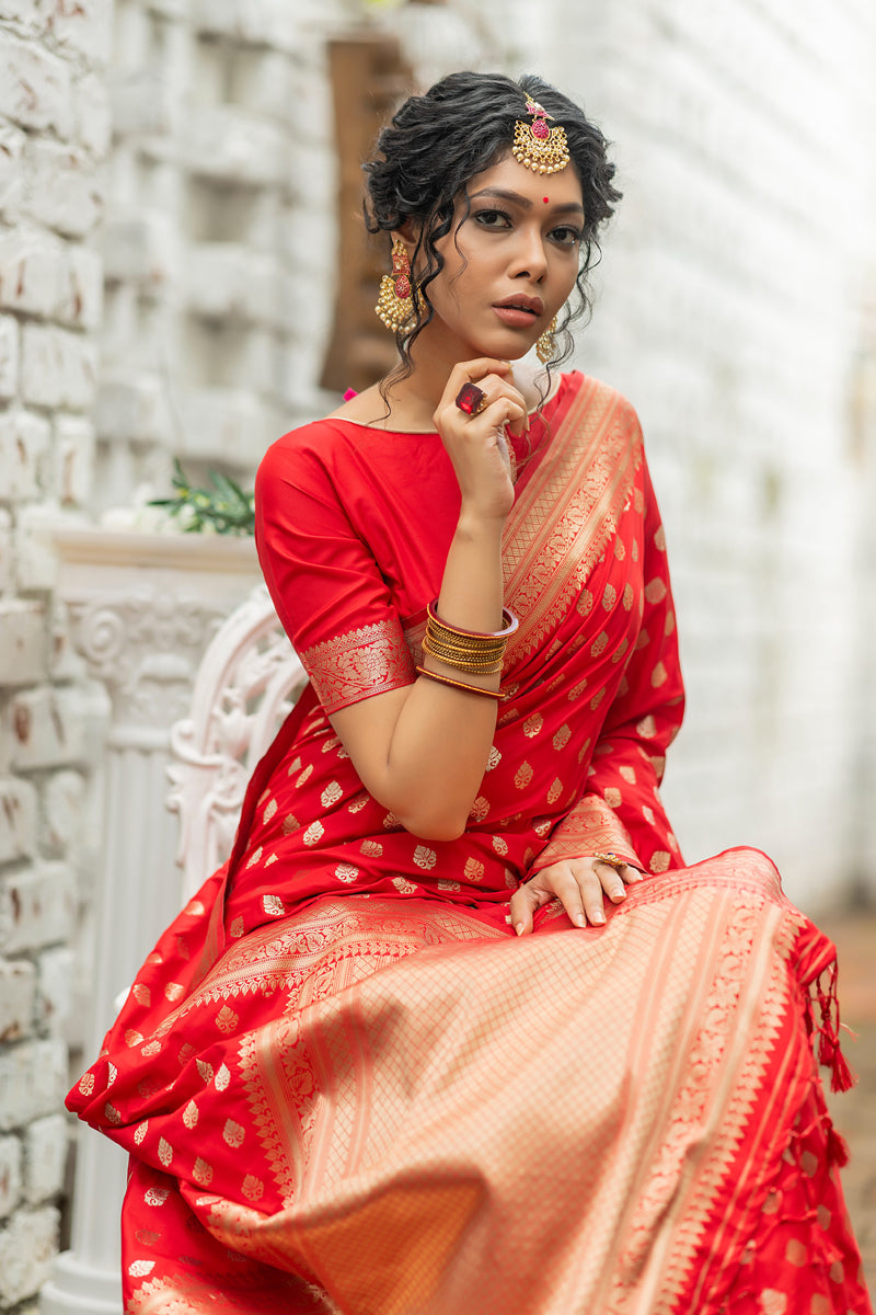 Red Color Elegant Weaving Work Banarasi Silk Saree