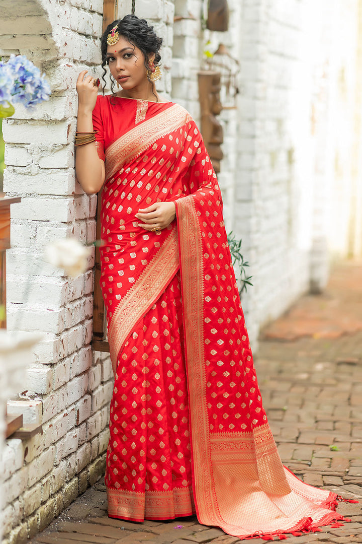 Red Color Elegant Weaving Work Banarasi Silk Saree