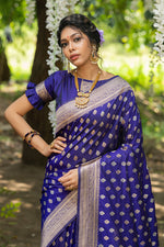 Load image into Gallery viewer, Blue Color Embellished Weaving Work Banarasi Silk Saree
